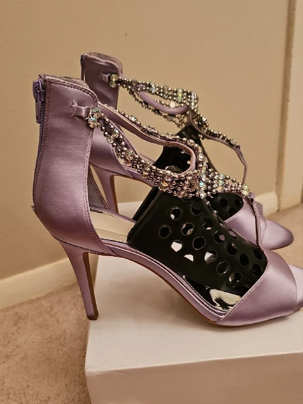 Gianni Bini Lavender Satin Crystal T-Strap Heels - Picture 3 of 7